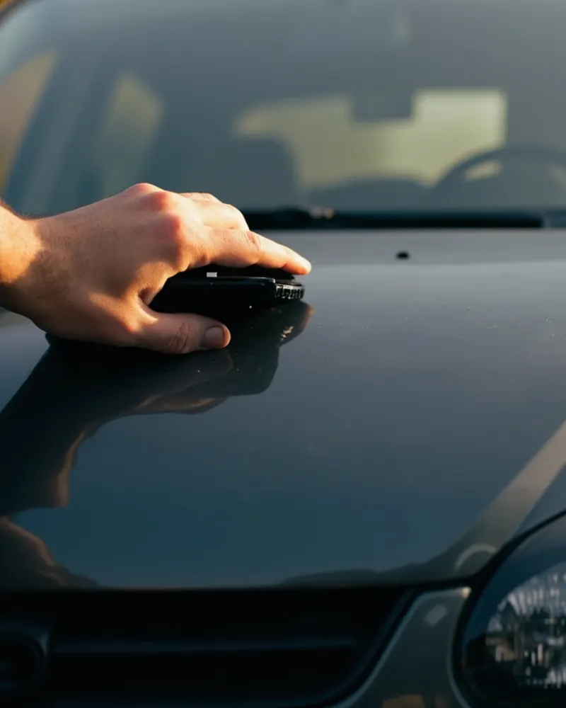 Een hand op de motorkap om te voelen of de motor koud is